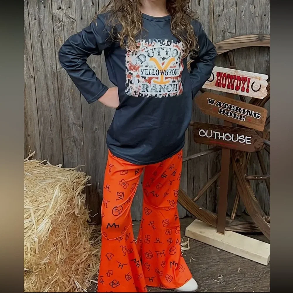 Yellowstone Dutton Ranch inspired Black Long Sleeve and Orange Flare Pant Set - Picture 2 of 4
